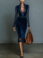 Ellie | Elegant & Fashionable Navy Blue Midi Dress for Women with V-Neck, Lace Detail, and Sleeves
