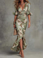 Léonie™ | Floral Ruffle Bell Sleeve V-Neck Satin Asymmetrical Maxi Dress