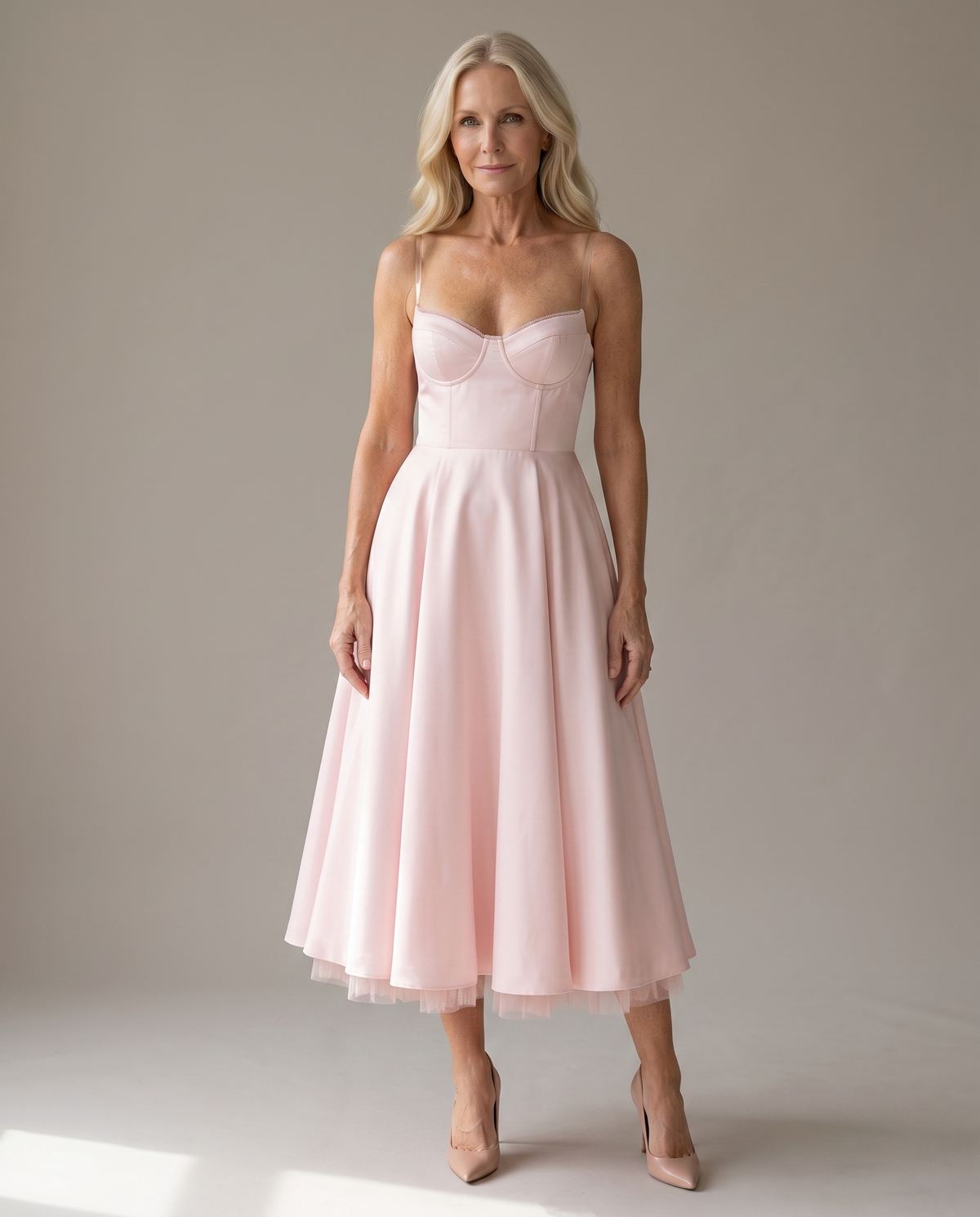 Selene midi dress in Blush Pink, front view