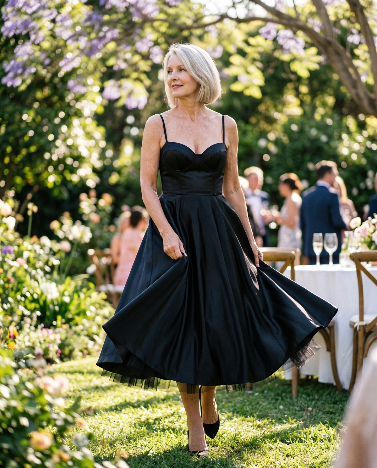 Selene midi dress in Black, walking at a garden party