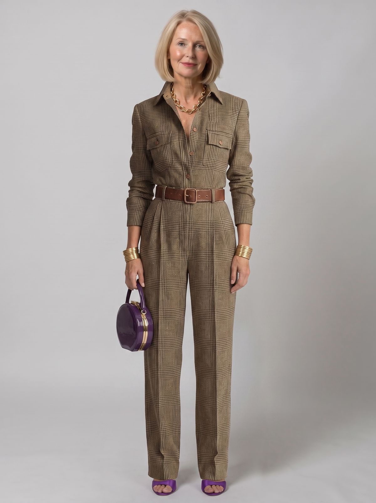 Celia checkered jumpsuit worn by model, studio photo