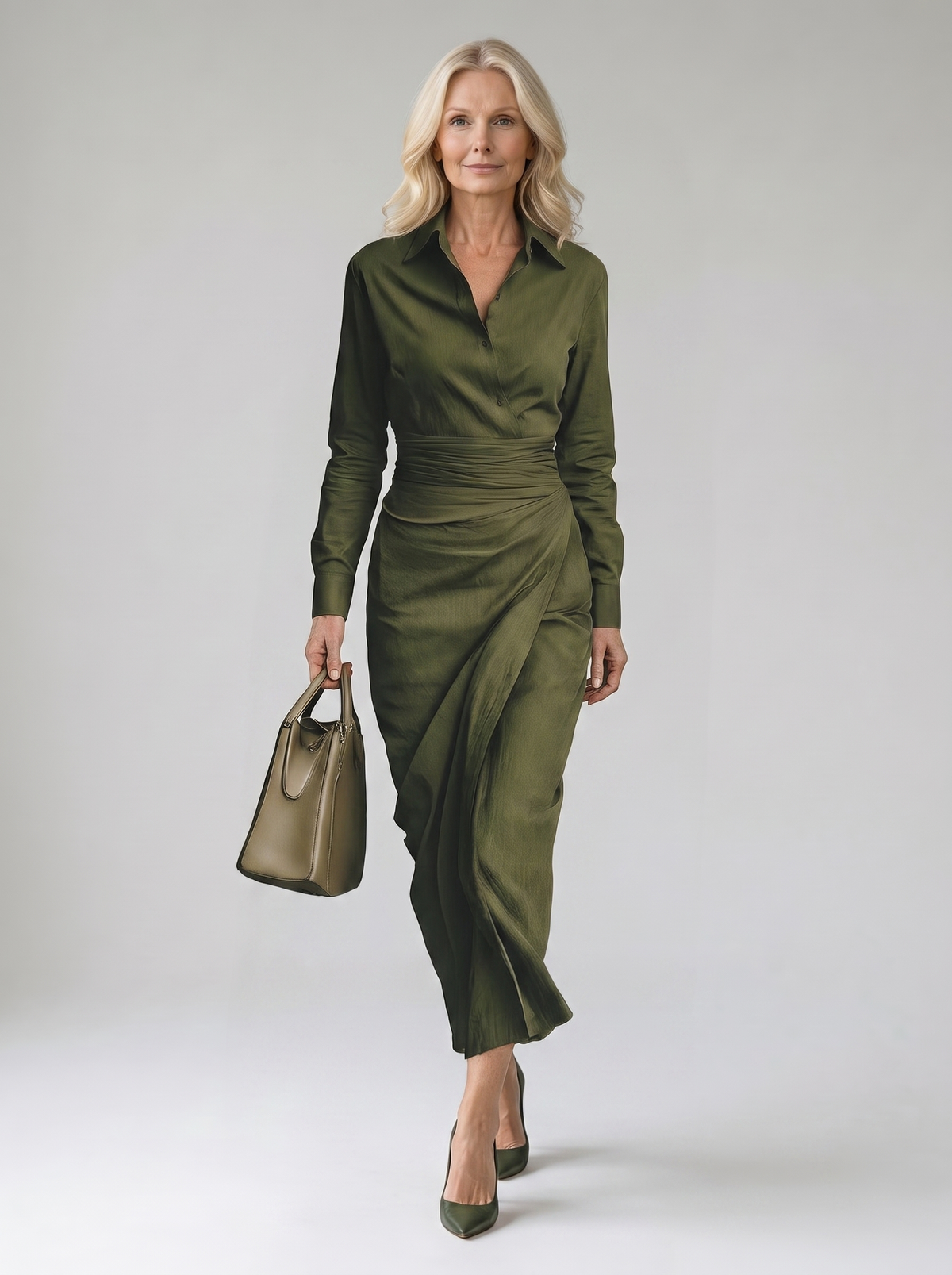 Caterina figure-flattering maxi dress worn by model, studio photo