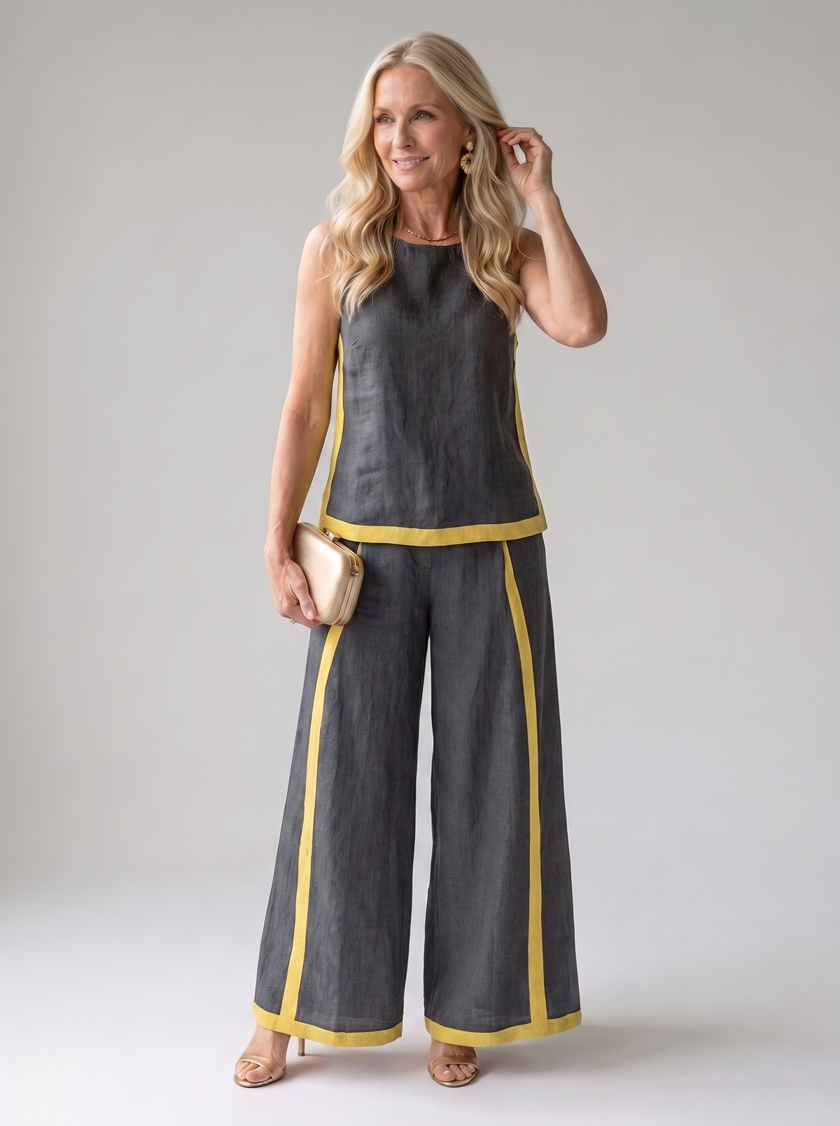 Leila elegant two-piece set worn by model, studio photo