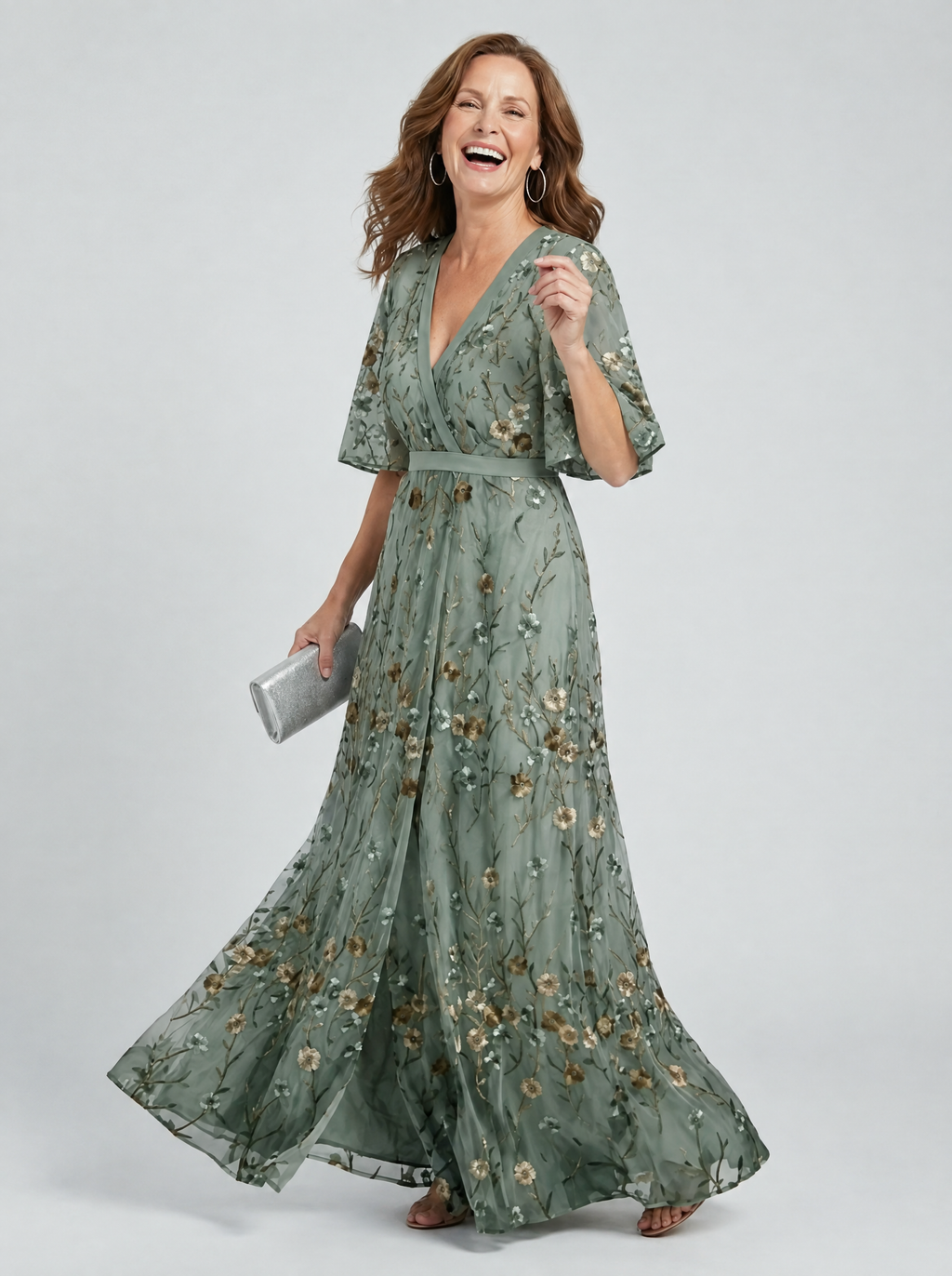 Selora sage green embroidered floral maxi dress with V-neckline and flutter sleeves, front view