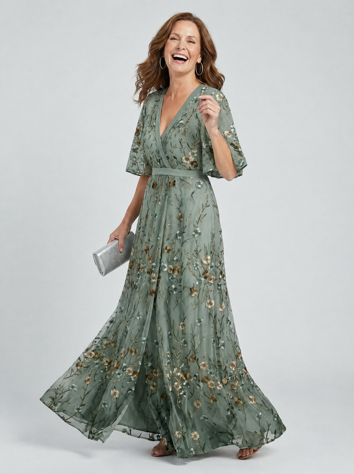 Selora sage green embroidered floral maxi dress with V-neckline and flutter sleeves, front view