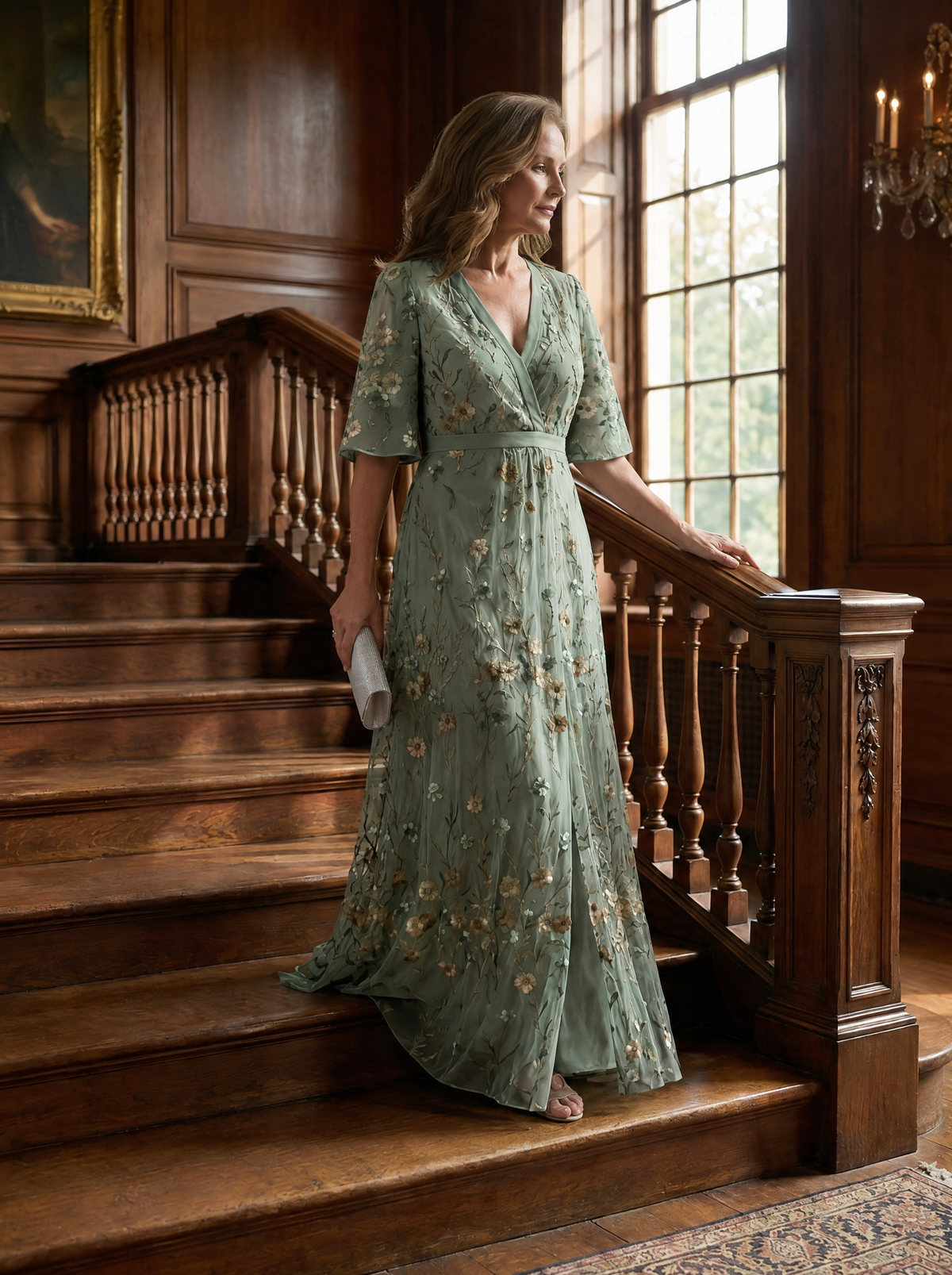 Selora maxi dress worn on a staircase in a panelled interior