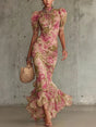 Océane™ | Vintage Rose Print Maxi Dress with Puff Sleeves (Accessories not included)
